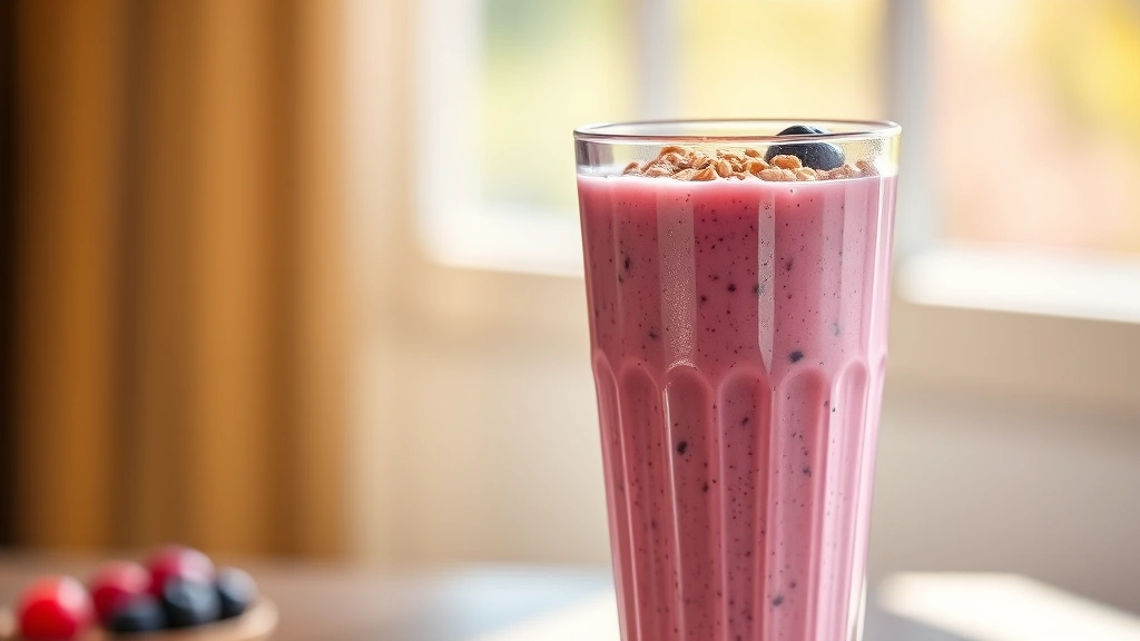 hero: tall glass filled with creamy purple-pink Greek yogurt smoothie with visible berry texture, topped with granola and fresh berries, condensation on glass, natural sunlight streaming through, wooden background