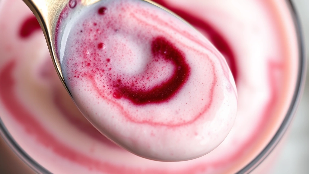 detail: close-up cross-section of Greek yogurt smoothie showing creamy texture and berry swirls, spoon dripping smoothie, macro photography, soft natural light