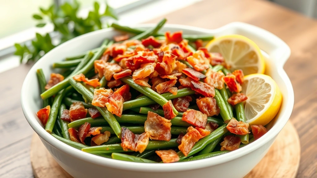 hero: finished green bean and bacon dish in a white serving bowl, golden crispy bacon pieces scattered throughout bright green beans, natural window light, wooden table background, garnished with fresh lemon wedges, professional food photography, appetizing and warm