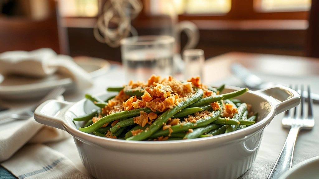 hero: fresh green bean casserole in white ceramic dish, golden crispy onion topping, steam rising, table setting with napkins and fork, warm natural window light, shallow depth of field