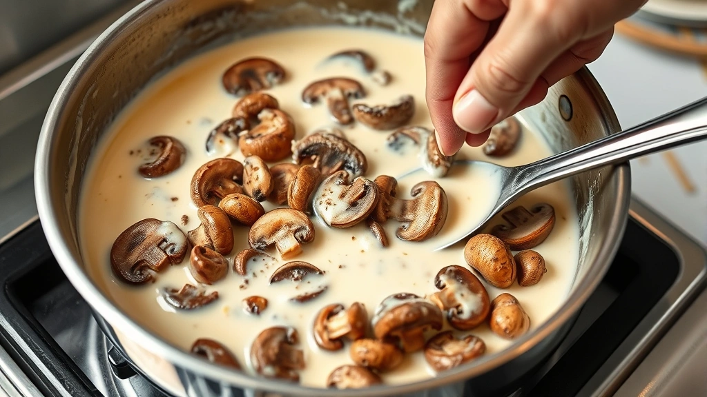 process: hand stirring cream sauce with fresh mushrooms in stainless steel skillet, melted cheese visible, steam, bright kitchen lighting, close angle