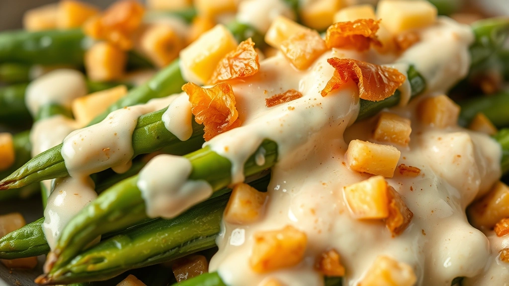 detail: close-up of green beans coated in creamy sauce with crispy golden onion pieces on top, macro photography, warm lighting highlighting texture and glossy cream coating