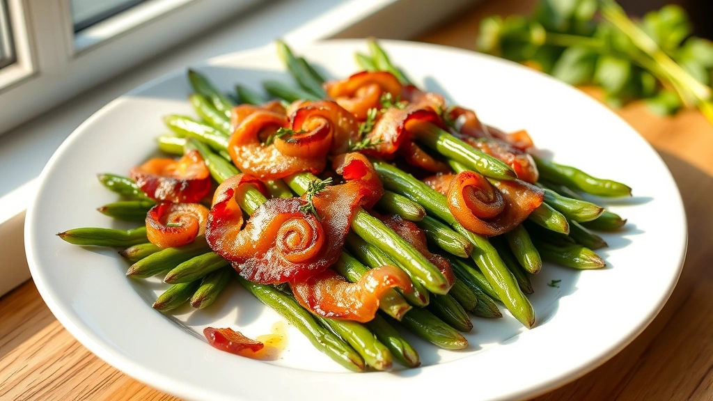 hero: plated green bean bacon bundles with crispy bacon spirals, glossy garlic butter coating, garnished with fresh thyme on white ceramic plate, warm natural window light, soft shadows, shallow depth of field