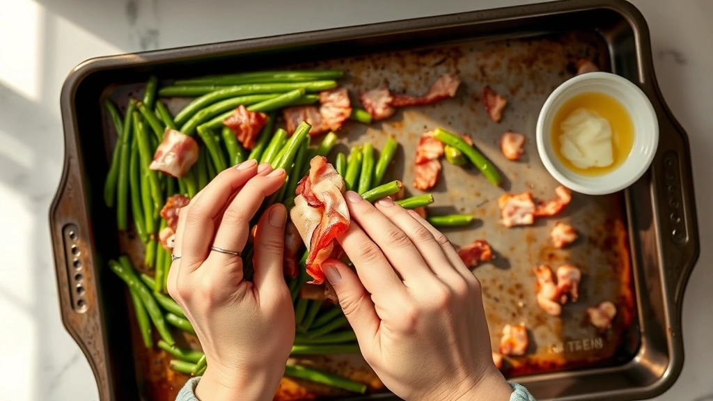 process: hands wrapping bacon around fresh green bean bundles on baking sheet, bacon partially cooked, garlic butter in small white bowl nearby, bright kitchen counter natural light, artistic overhead angle