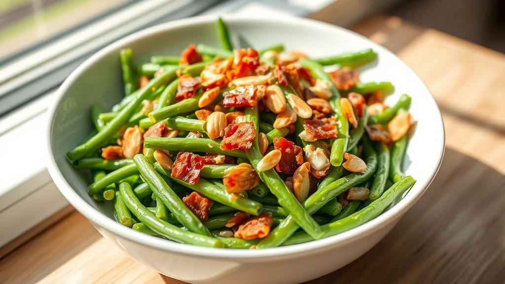 hero: vibrant green bean salad with crispy bacon bits and toasted almonds, served in white ceramic bowl, natural daylight from window, soft shadows, no text or watermarks