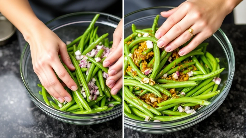 process: hands tossing fresh green beans with red onions and warm vinaigrette dressing in large glass bowl, kitchen counter setting, natural light, no text