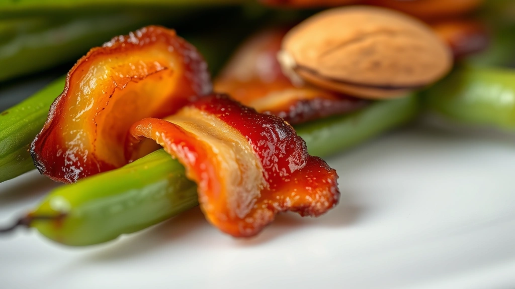 detail: close-up macro shot of green bean with crispy bacon piece and sliced almond, shallow depth of field, natural lighting highlighting textures, no text