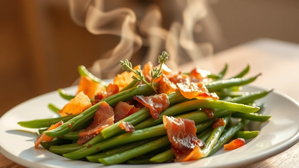 hero: plate of crispy green beans and bacon garnished with fresh thyme, steam rising, warm golden lighting, shallow depth of field, no text