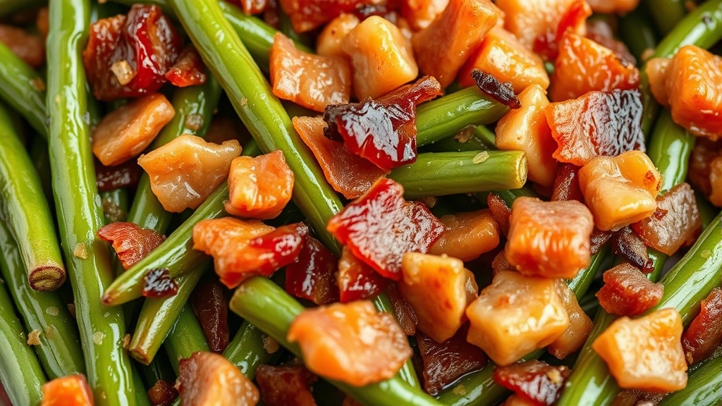 detail: close-up of crispy bacon pieces mixed with tender green beans, glistening with butter and bacon fat, macro photography, no text