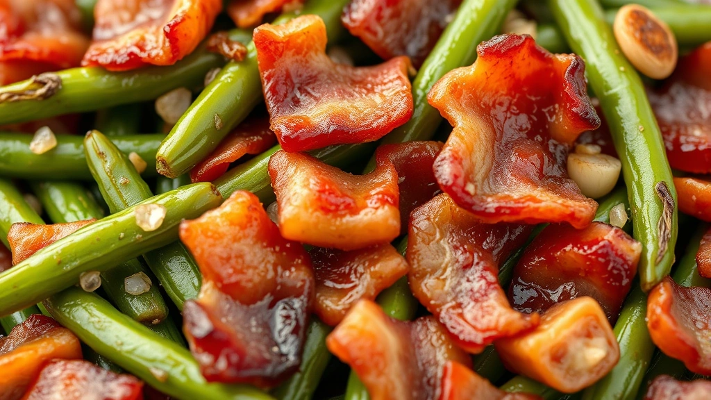 detail: close-up macro shot of crispy bacon pieces and tender green beans with shallots, golden bacon fat glistening, natural diffused lighting, no text or watermarks