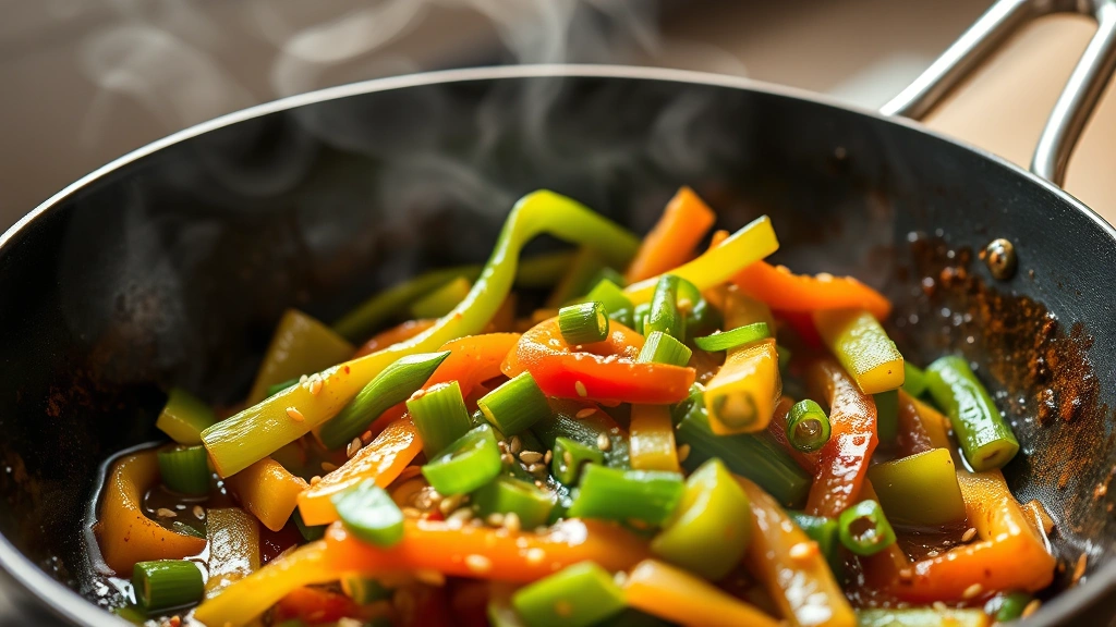hero: vibrant green bell pepper stir fry in wok with glossy sauce, sesame seeds and green onions garnish, steam rising, natural daylight, professional food photography