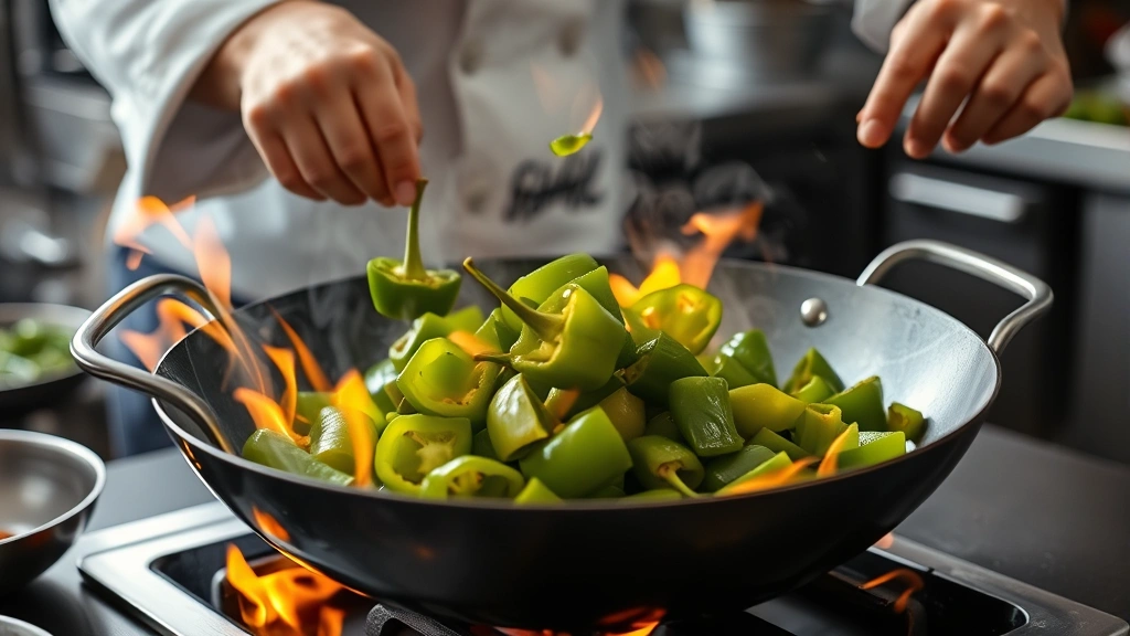 process: chef's hands tossing green bell peppers in hot wok with visible flames, high heat cooking, motion blur, natural lighting, professional kitchen