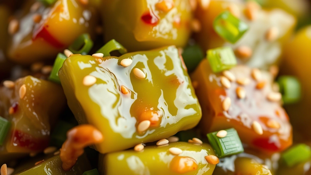 detail: close-up macro of green bell pepper chunks with caramelized edges, glossy sauce coating, sesame seeds, green onion garnish, shallow depth of field, natural light