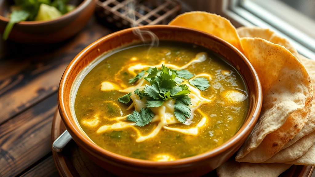 hero: steaming bowl of vibrant green chile with melted cheese and cilantro garnish, served with warm flour tortillas, soft natural window light, rustic wooden table, no text