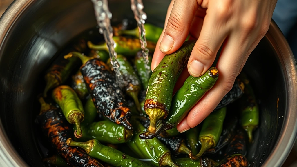 process: charred fresh green chiles being peeled under running water, hands working gently to remove blackened skin, warm kitchen lighting, close action shot, no text