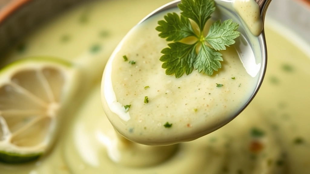 detail: close-up spoon drizzling creamy green chile sauce, garnished with fresh cilantro leaf and lime wheel, shallow depth of field, creamy texture visible, no text