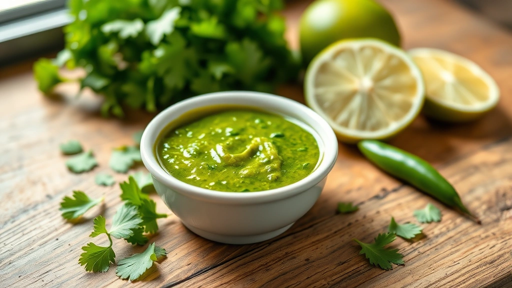 hero: vibrant green chutney in a small white ceramic bowl, fresh cilantro and mint leaves scattered around it, lime wedges, green chilies visible, natural window light, shallow depth of field, rustic wooden table background