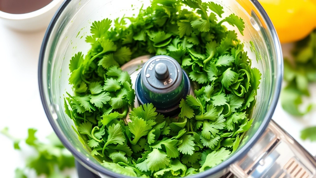 process: food processor bowl filled with bright green cilantro and mint being pulsed, herbs mid-motion, fresh ingredients visible around the processor, natural kitchen light, close angle showing the action