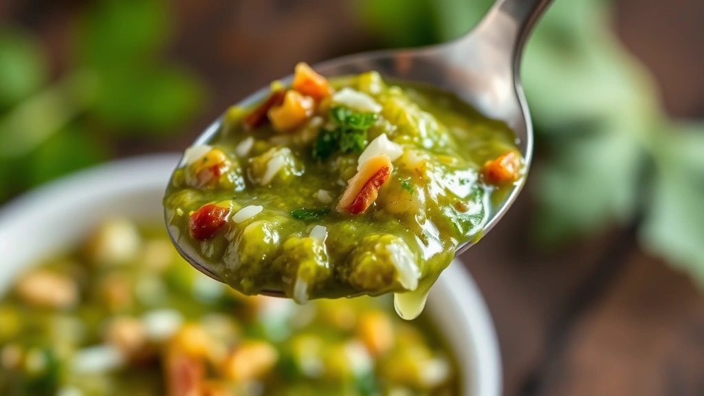 detail: close-up spoonful of finished green chutney with visible texture of herbs, nuts, and coconut, creamy consistency, lime juice dripping, blurred curry leaf or cilantro leaf in background, macro photography with natural light