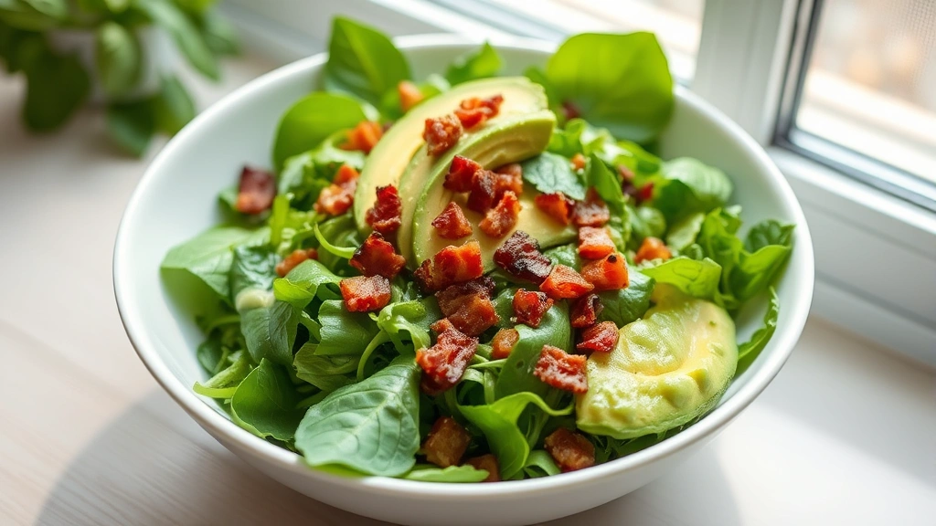 hero: vibrant green goddess salad in white bowl, fresh basil and herbs visible, crispy bacon bits and sliced avocado on top, creamy green dressing coating greens, natural bright daylight from window, no text or logos