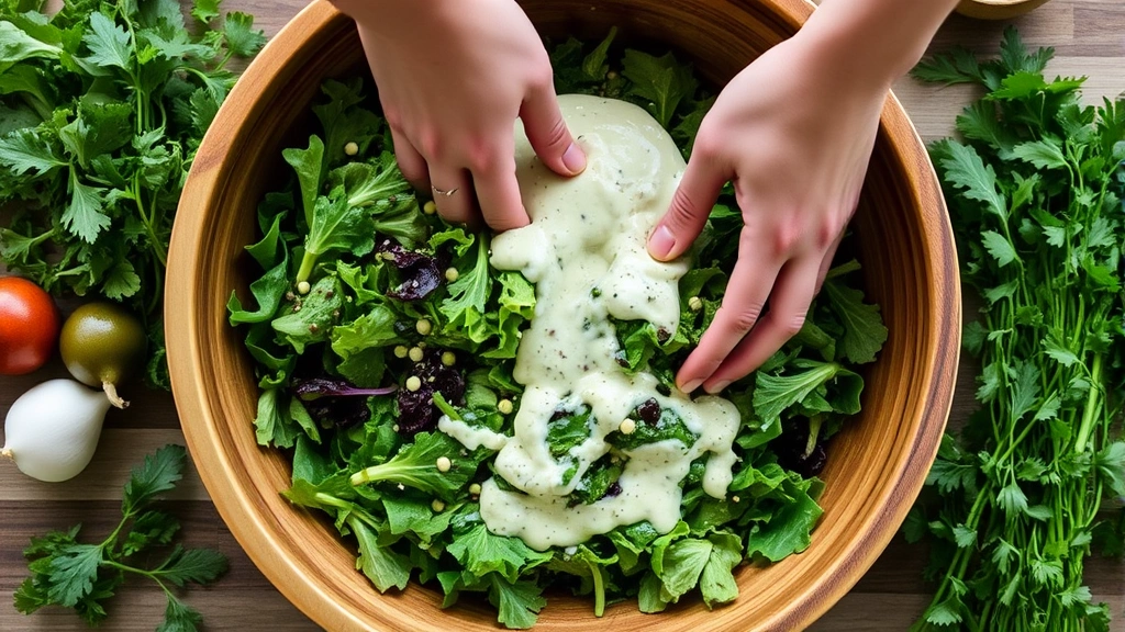 process: hands tossing mixed greens with creamy green goddess dressing in large wooden bowl, fresh herbs and ingredients surrounding bowl, natural kitchen lighting, overhead angle, no text