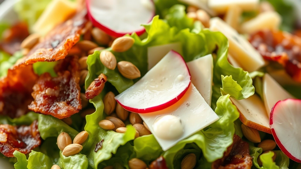 detail: close-up of salad showing layers of butter lettuce, crispy pumpkin seeds, bacon, radish slices, shaved Parmesan cheese, and creamy herb dressing, macro photography, natural soft light, no text