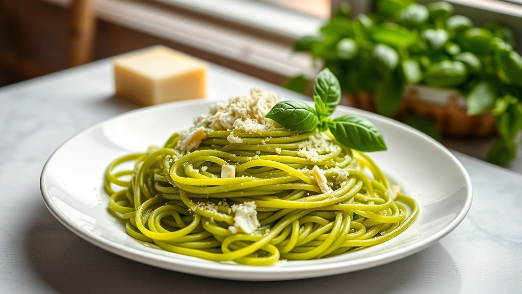 hero: vibrant green spaghetti pasta on white plate with Parmesan cheese and fresh basil garnish, photorealistic, natural window light, no text, Italian table setting