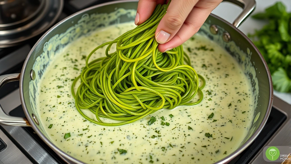 process: hands tossing green spaghetti in large skillet with creamy green herb sauce, photorealistic, natural kitchen light, no text, close-up action shot