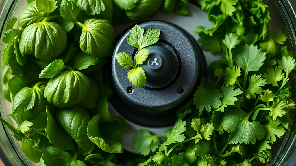 detail: close-up of fresh basil, spinach, and parsley herbs in food processor, photorealistic, natural light, no text, showing texture and color