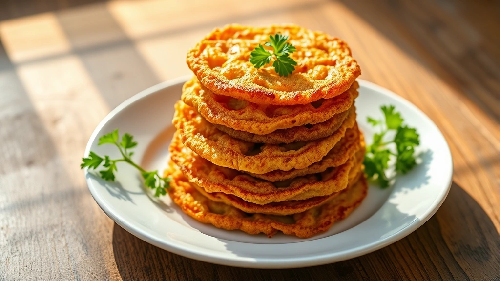hero: golden crispy fried green tomato slices stacked on a white plate, fresh parsley garnish, warm afternoon sunlight streaming across the plate, rustic wooden surface, no text or logos