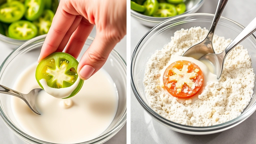 process: hand dipping green tomato slice in buttermilk with flour-cornmeal mixture in shallow bowls visible, stainless steel utensils, bright kitchen lighting, natural shadows, no text or logos