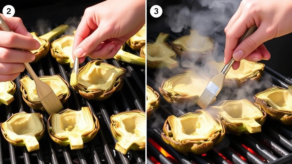 process: hands brushing garlic butter mixture onto artichoke halves on hot grill grates, visible flames and char, steam rising, bright daylight, outdoor grilling setting