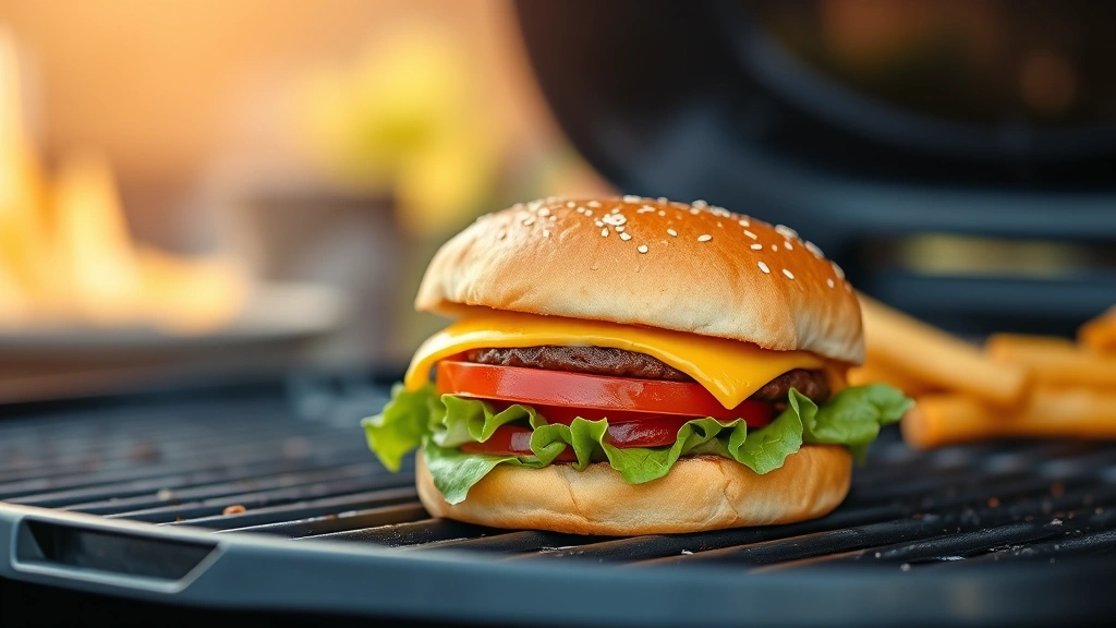 hero: perfectly grilled burger with melted cheese, toasted bun, fresh lettuce and tomato slice, photorealistic, warm natural daylight, backyard setting, no text