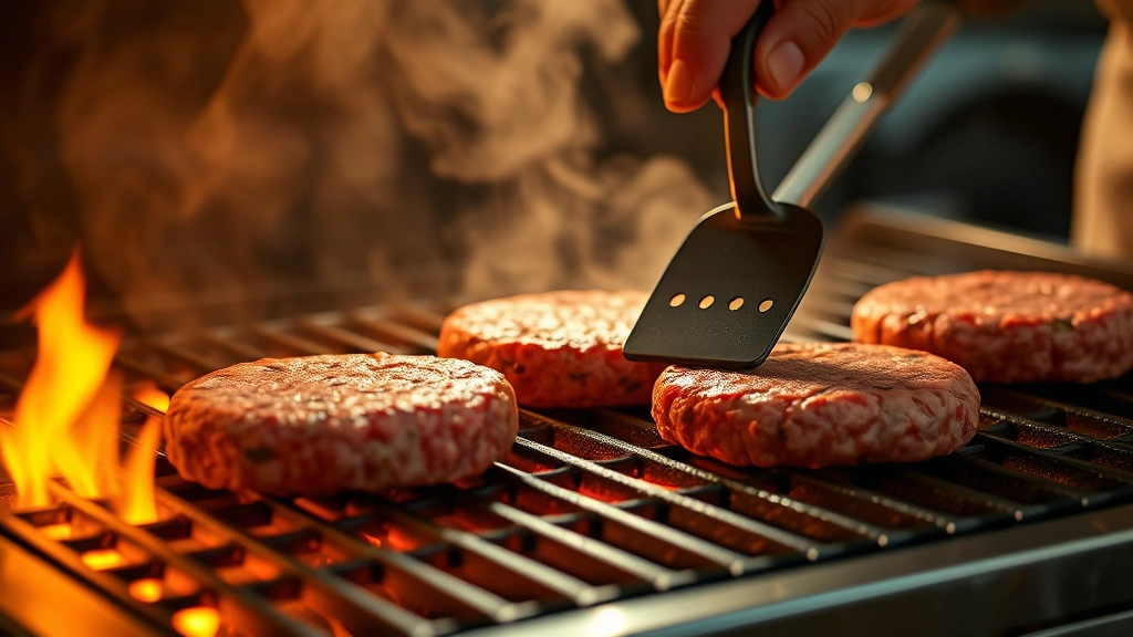 process: raw burger patties being placed on hot grill grates with visible flames and sizzle, chef using spatula to flip patties, photorealistic, golden hour lighting, no text