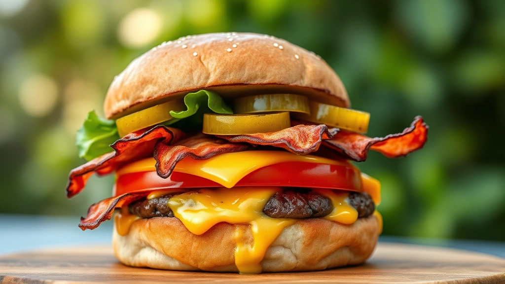 hero: perfectly grilled burger with melted cheese, bacon, lettuce, tomato, and pickles on toasted bun, photorealistic, natural outdoor light, appetizing presentation, no text