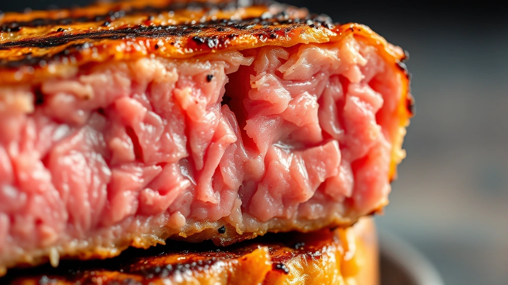 detail: close-up cross-section of juicy grilled burger patty showing pink interior and caramelized crust, photorealistic, macro photography, natural light, no text