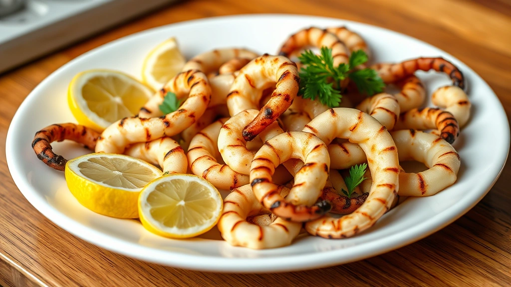 hero: grilled calamari rings and tentacles on white plate with lemon wedges, charred marks visible, fresh parsley garnish, Mediterranean setting, photorealistic, natural daylight from left, crisp and appetizing