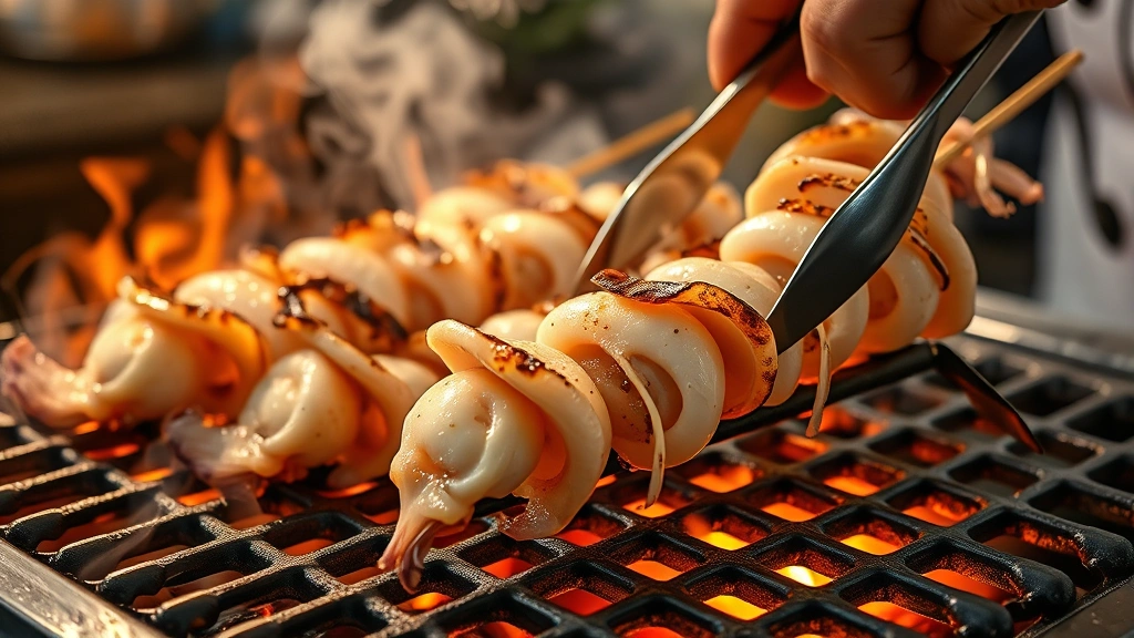 process: close-up of squid skewers sizzling on hot grill grates with visible flames, golden char marks forming, chef using tongs, smoke rising, photorealistic, dynamic lighting, action shot