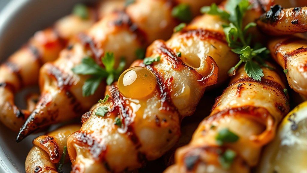 detail: macro close-up of grilled calamari showing texture of char, tender flesh, herb garnish, lemon juice drops, shallow depth of field, photorealistic, soft natural light highlighting details