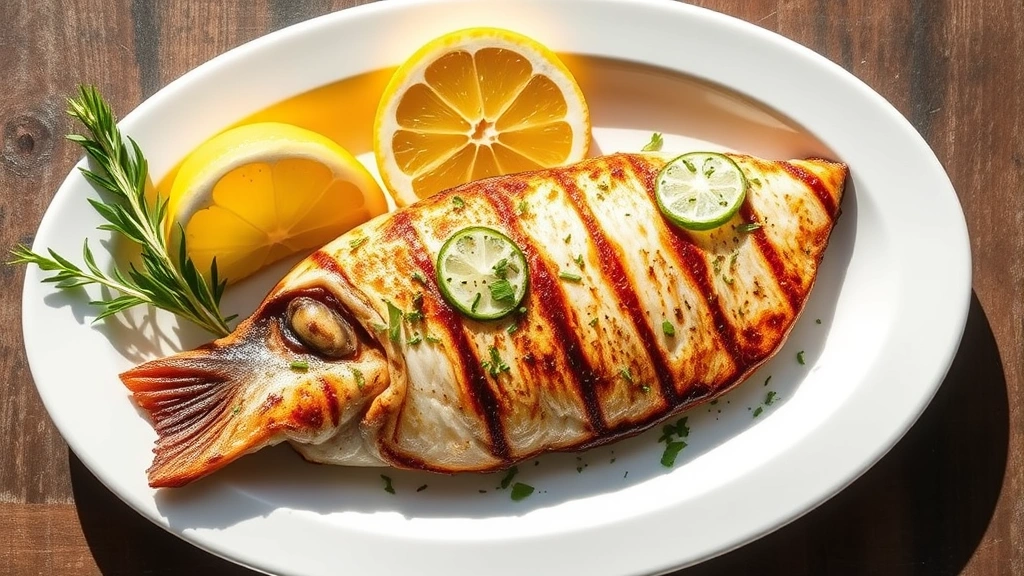 hero: grilled dolphin mahi-mahi fillet on white plate with lemon wedges and fresh herbs, photorealistic, natural sunlight, overhead view, no text
