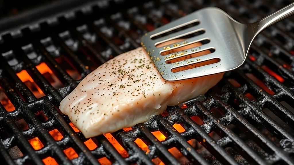 process: fish fillet sizzling on hot grill grates with golden grill marks, spatula flipping fish, photorealistic, natural light, no text