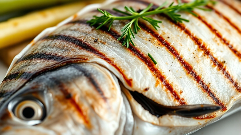 detail: close-up of perfectly grilled dolphin fish showing flaky texture, grill marks, and fresh dill garnish, photorealistic, natural light, no text