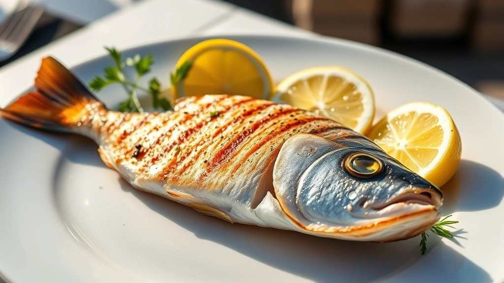hero: perfectly grilled dorado fillet with crispy golden skin, fresh lemon wedges, and herbs on white plate, natural sunlight, coastal setting aesthetic