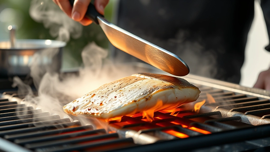 process: chef flipping dorado fillet on hot grill grates with long spatula, smoke rising, golden sear visible, natural outdoor lighting