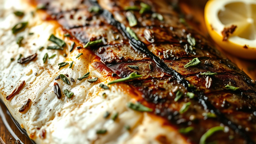 detail: close-up of grilled dorado skin texture with herbs and lemon wedge, shallow depth of field, warm natural light