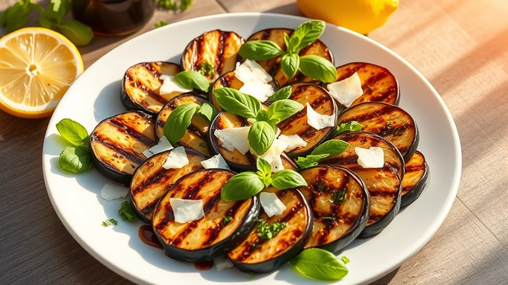 hero: beautifully grilled eggplant slices arranged on a white plate with fresh basil, mint, and Parmesan cheese, golden char marks visible, balsamic glaze drizzle, lemon wedges nearby, warm afternoon sunlight streaming across, photorealistic, no text