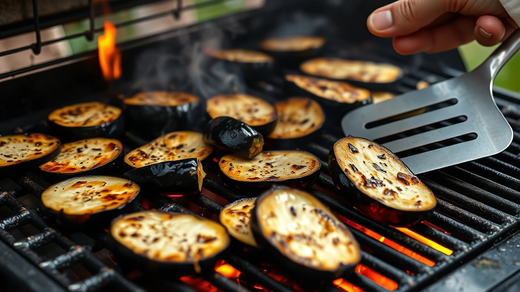 process: eggplant slices sizzling on hot grill grates with visible flame and smoke, dark caramelized char marks forming, chef's hand with spatula nearby, close-up of grill action, photorealistic, natural outdoor lighting, no text