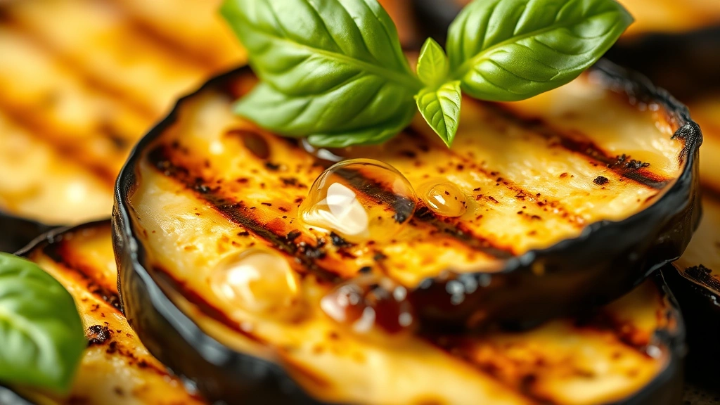 detail: extreme close-up of single grilled eggplant slice showing tender creamy interior, crispy charred exterior, fresh basil leaf on top, droplets of olive oil glistening, shallow depth of field, warm natural light, photorealistic, no text