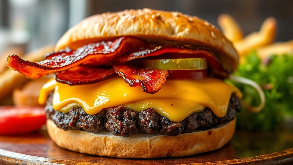 hero: perfectly grilled hamburger with melted cheese, crispy bacon, and fresh toppings on toasted brioche bun, photorealistic, natural daylight, no text
