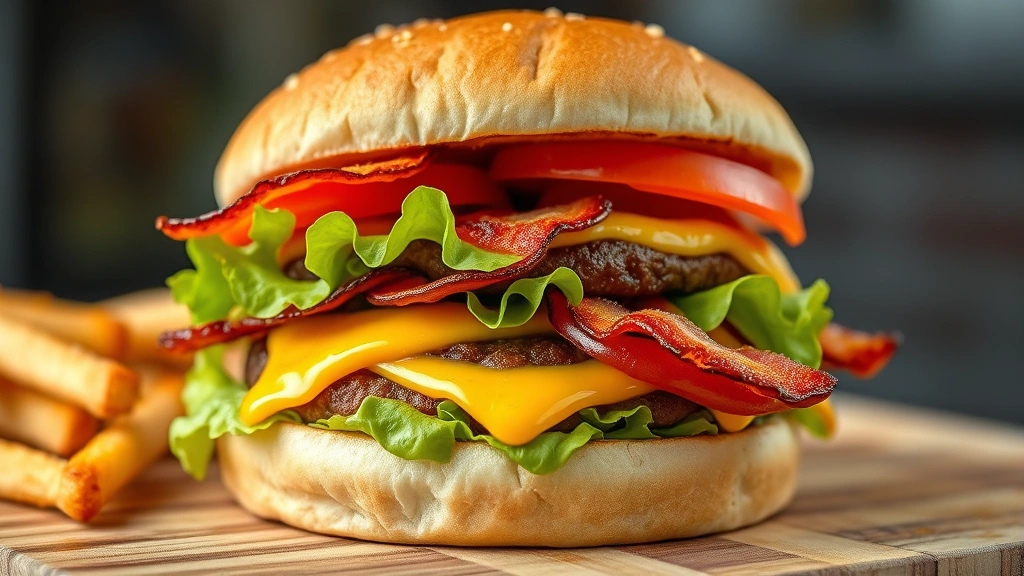 hero: perfectly grilled hamburger with melted cheese, crispy bacon, fresh lettuce and tomato on toasted bun, photorealistic, natural daylight, appetizing close-up, no text